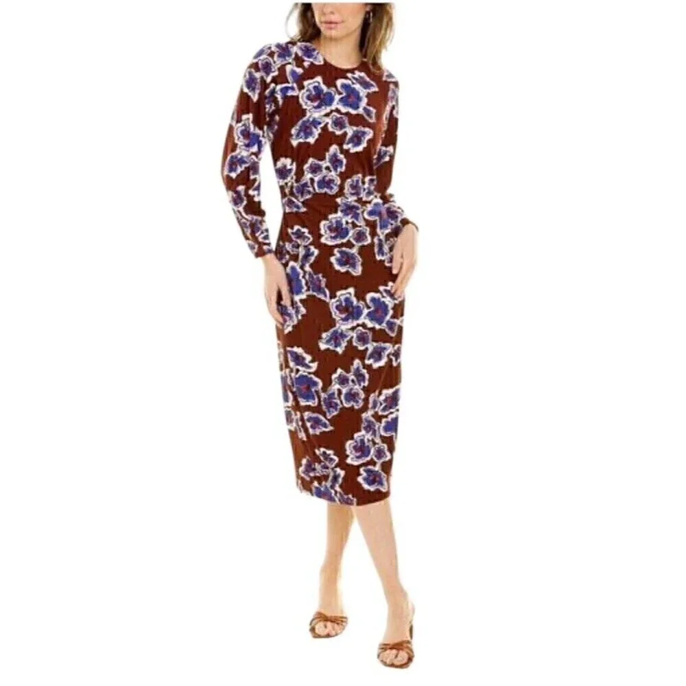 Tanya Taylor Brown Amara Floral Brown & Blue Midi Dress, 3/4 sleeves, Sz  Med